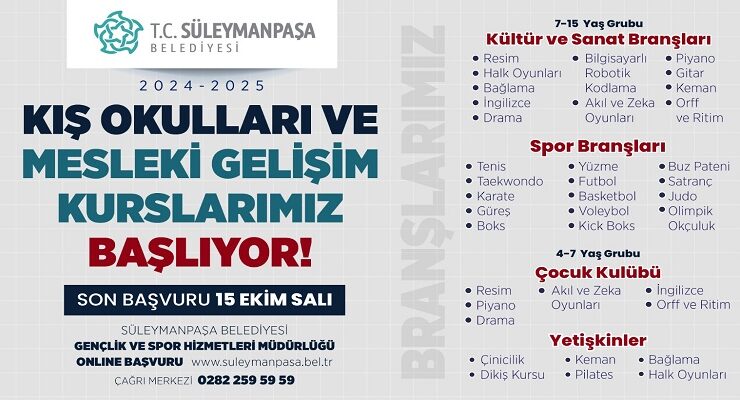 Süleymanpaşa Belediyesi Kış Okulları ve Mesleki Gelişim Kursları Başlıyor
