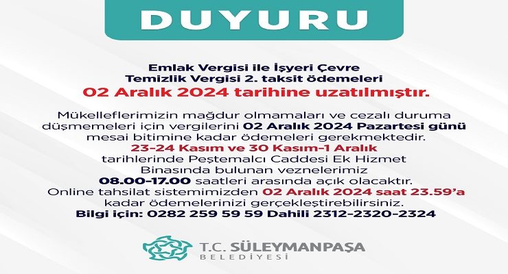 Emlak ve İşyeri Çevre Temizlik Vergisi 2. Taksit Son Ödeme Tarihi 2 Aralık