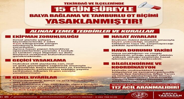 Saray’da Ürün ve Anız Yangınlarına Karşı Yeni Tedbirler Yürürlüğe Girdi