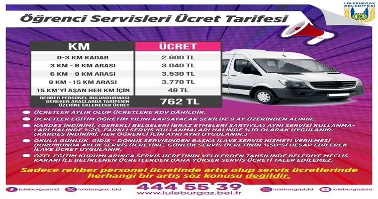 ÖĞRENCİ SERVİSLERİ ÜCRET TARİFESİ BELİRLENDİ